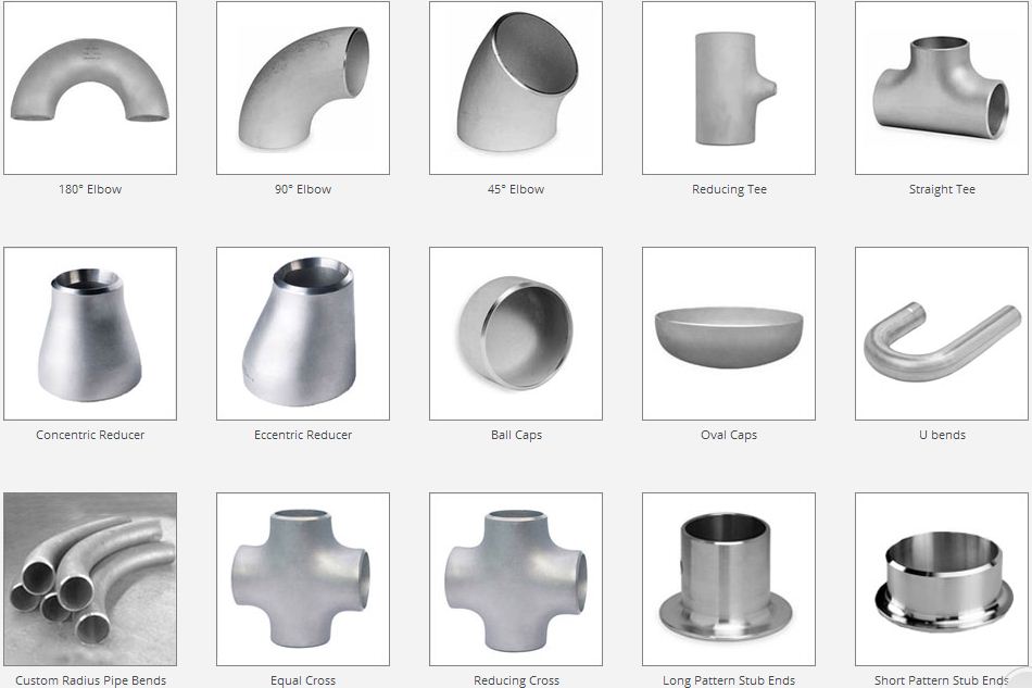 Types of pipe fittings: elbow, tee, reducer, cap, cross